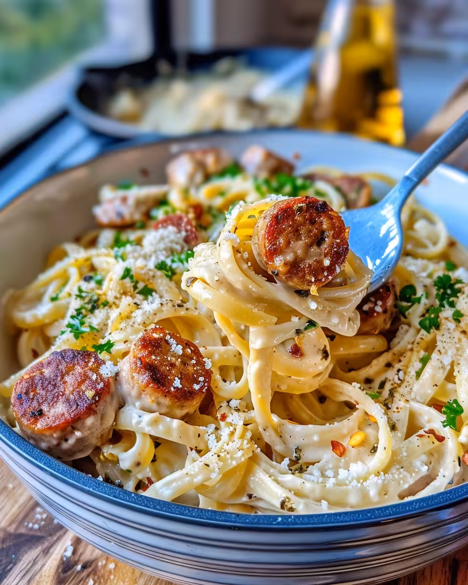 Close up of creamy Cajun sausage pasta cooking in one pot pressure cooker