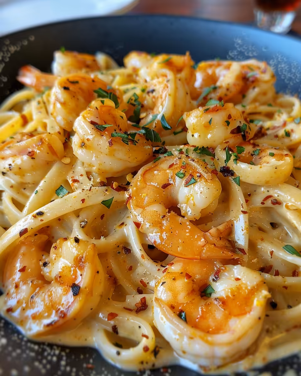 Final creamy Cajun shrimp pasta served with herbs garnishing
