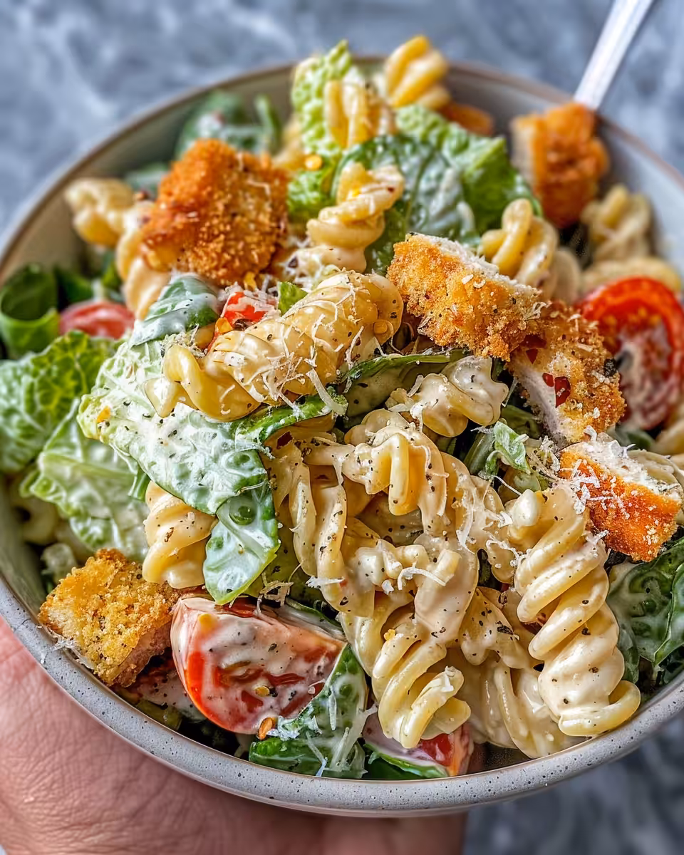 Fresh ingredients including pasta, Romaine, cherry tomatoes and chicken for pasta salad