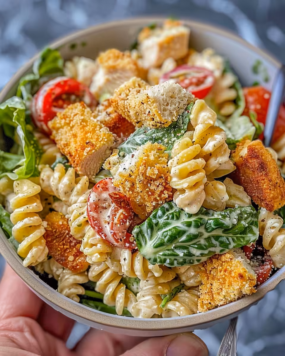 Finished creamy chicken Caesar pasta salad served and ready to eat