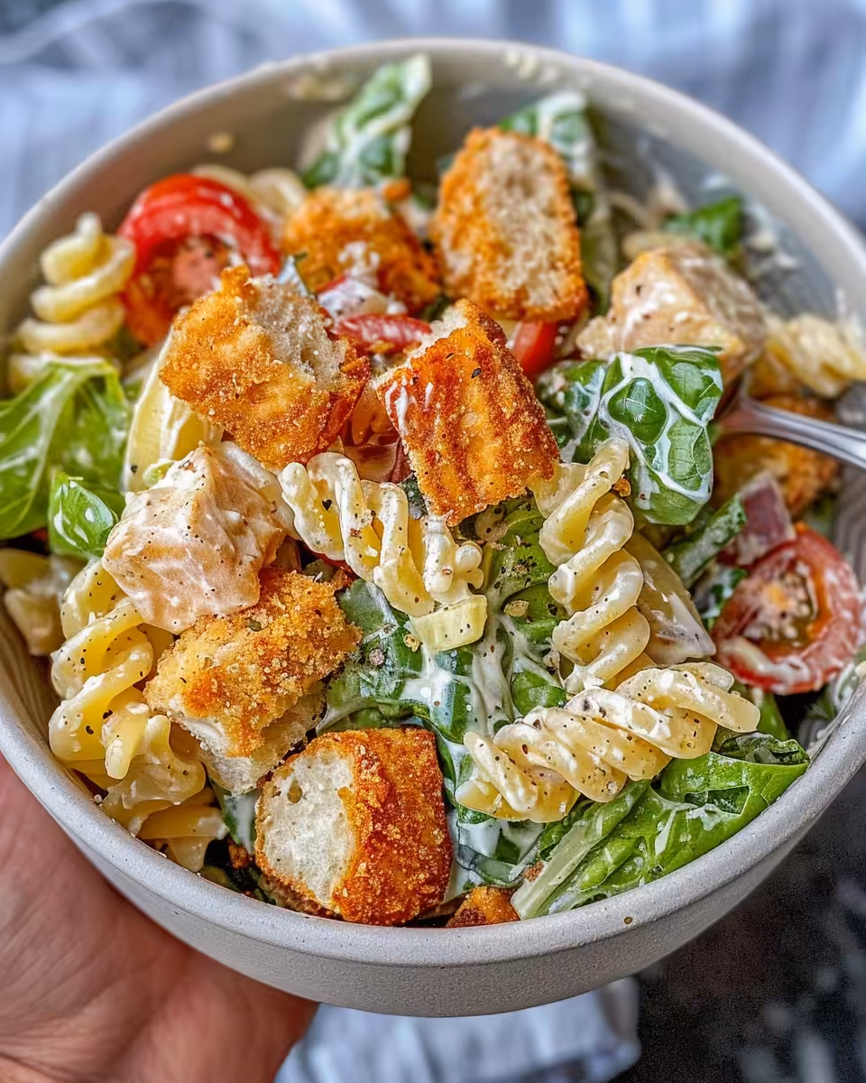 Creamy chicken Caesar pasta salad served in a bowl