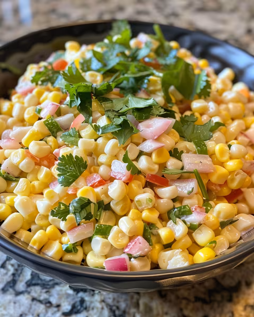 Fresh ingredients for creamy corn salad including corn, red bell pepper, and red onion