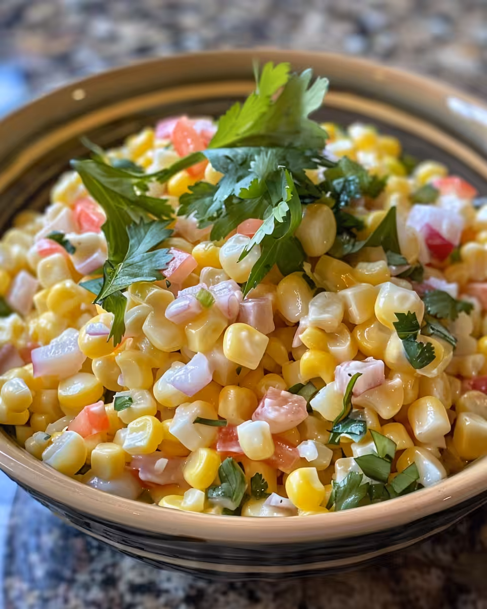 Plated creamy corn salad ready to serve with fresh herbs