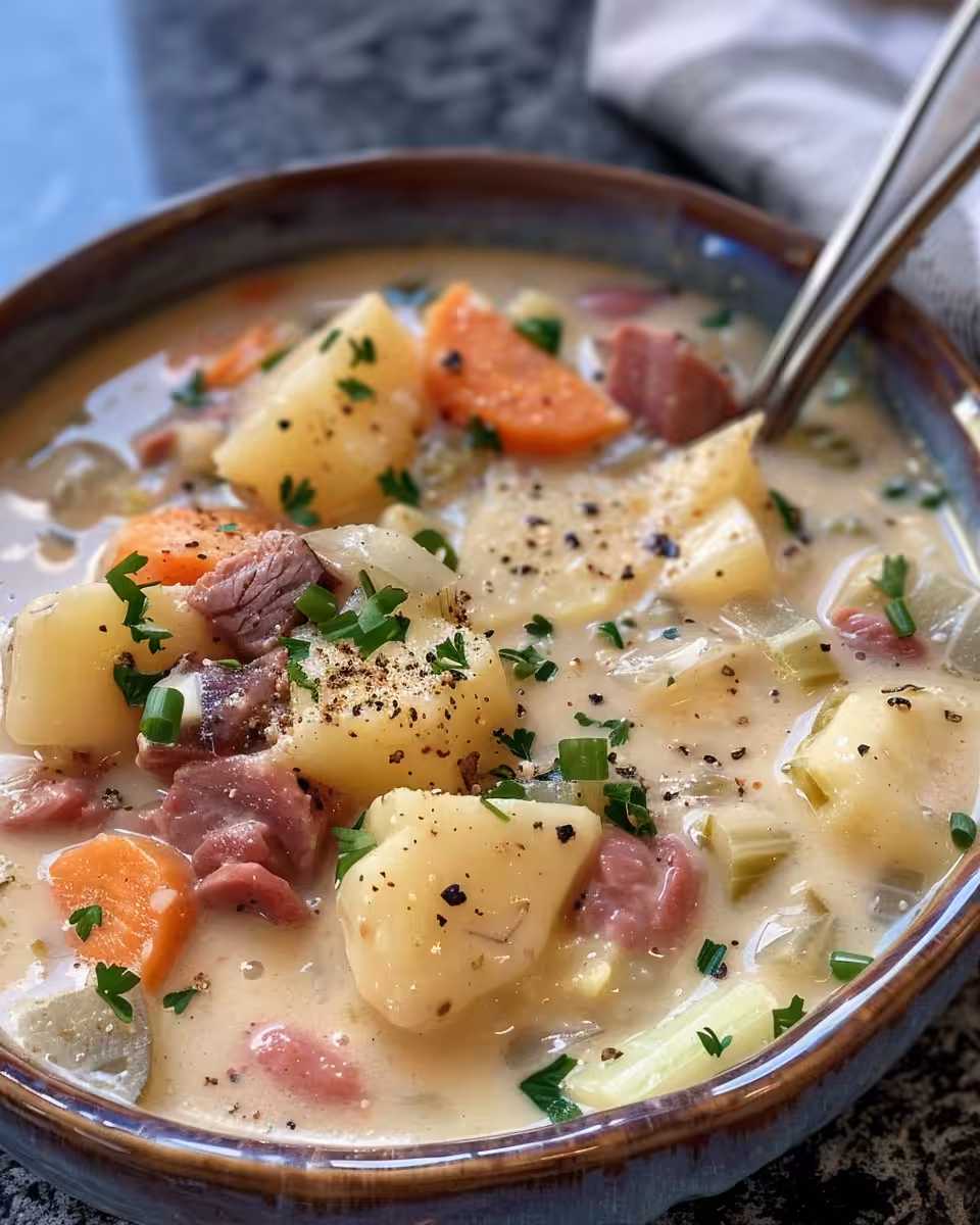 Final creamy corned beef and cabbage chowder served in a bowl