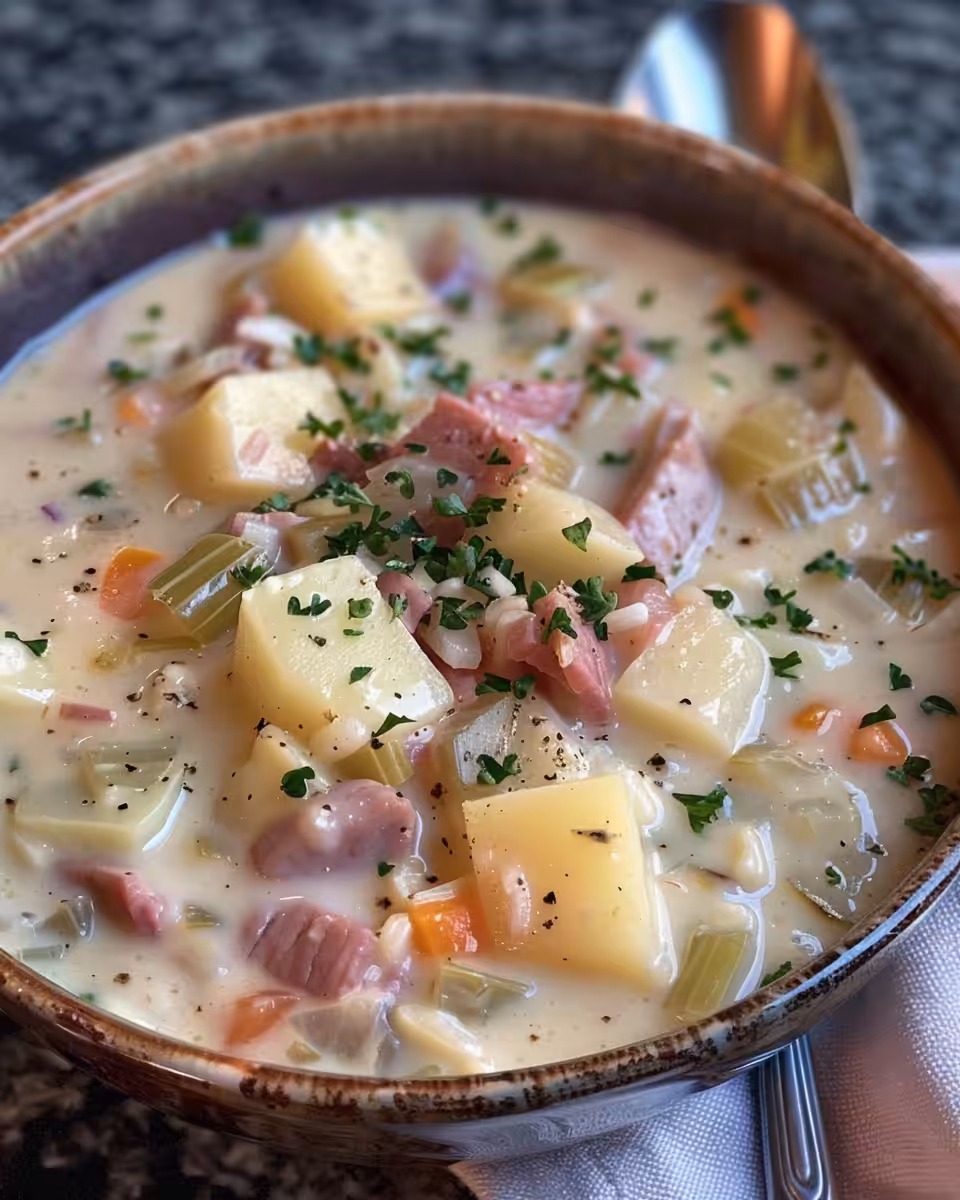 Creamy corned beef and cabbage chowder simmering in pressure cooker
