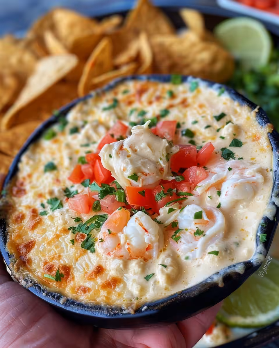 Serving bowl of creamy shrimp jalapeno queso dip ready to enjoy with chips