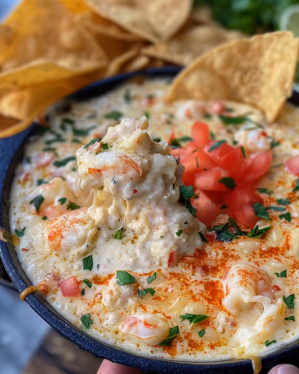 Pressure cooker with creamy shrimp and cheese queso dip bubbling
