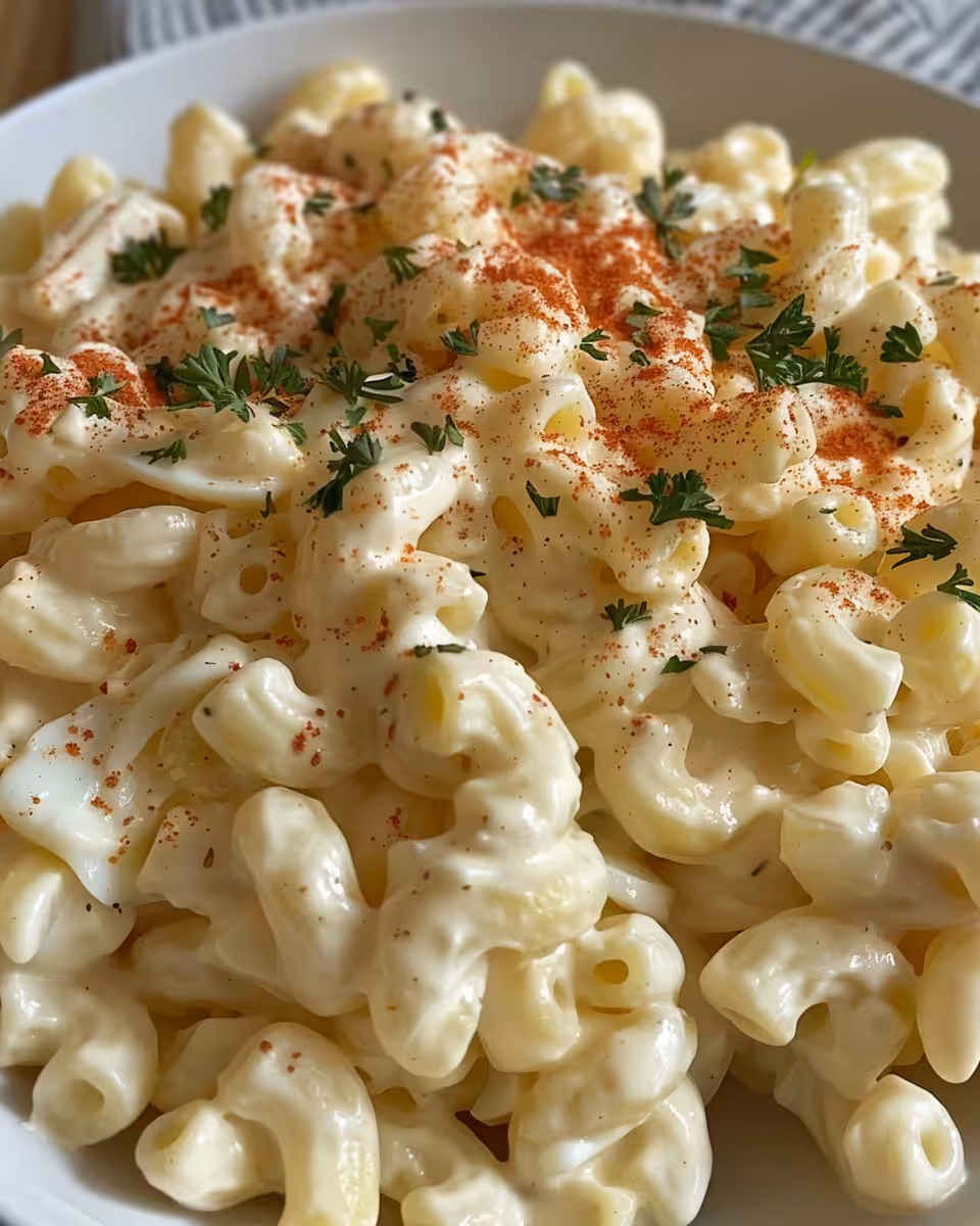 Ingredients for creamy deviled egg macaroni salad ready in the bowl