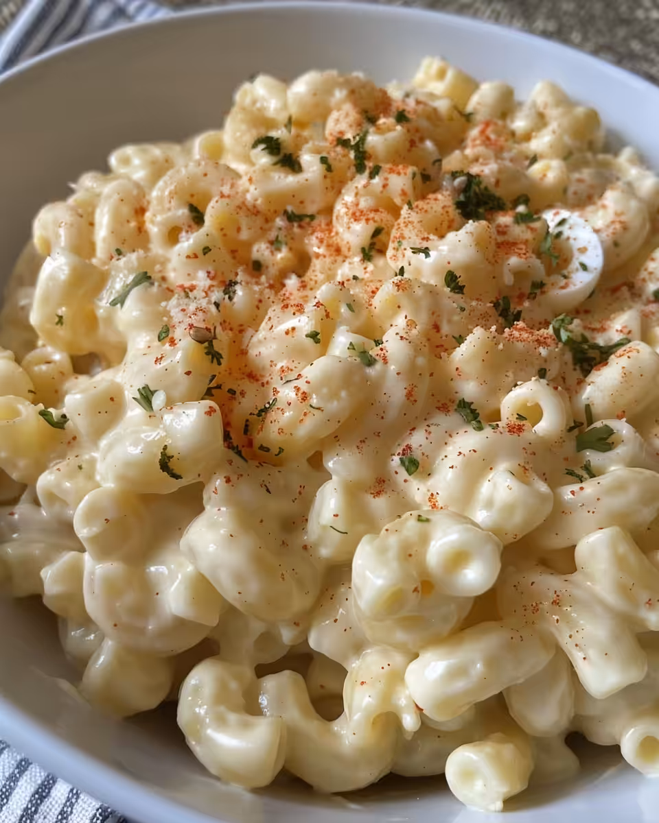 Chilled creamy deviled egg macaroni salad ready to serve with paprika