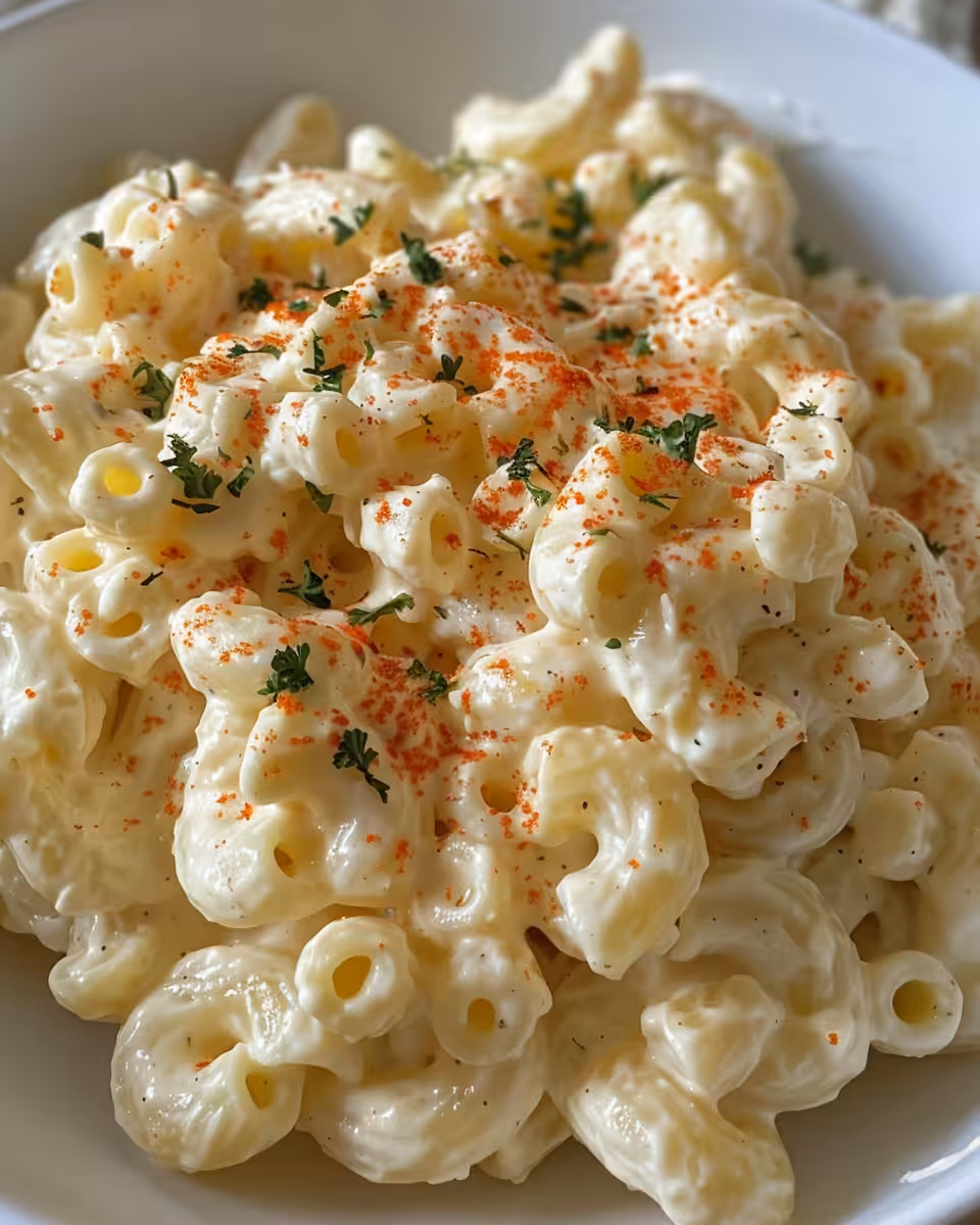 Creamy deviled egg macaroni salad fresh out of pressure cooker with steam hiss