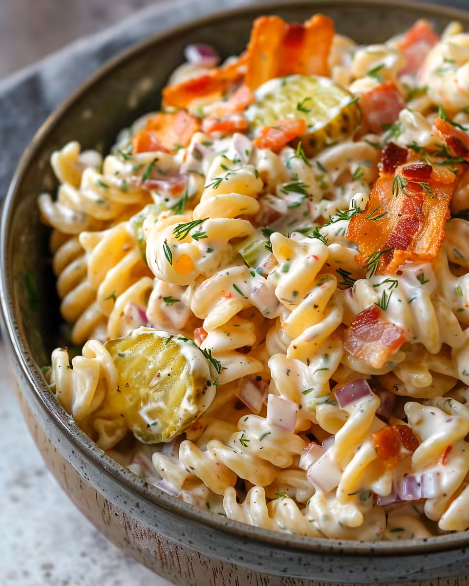Ingredients for creamy dill pickle bacon ranch pasta salad mixed in bowl