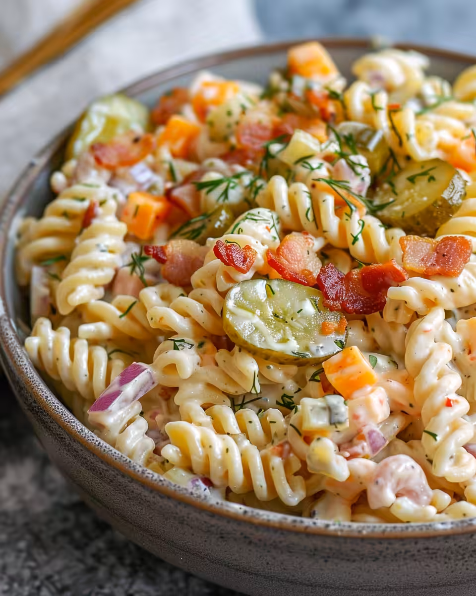 Final creamy dill pickle bacon ranch pasta salad served in bowl