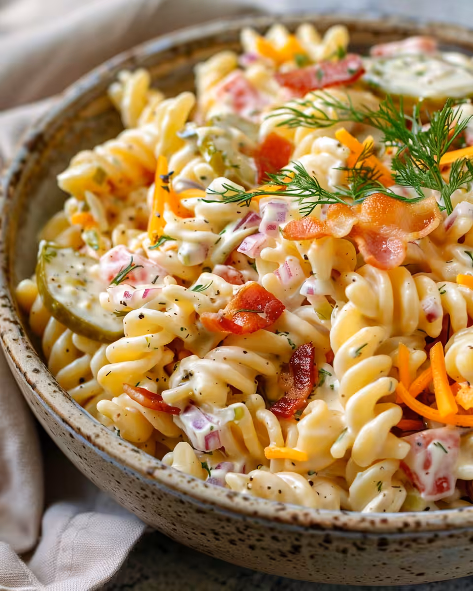 Creamy dill pickle bacon ranch pasta salad fresh and ready to serve