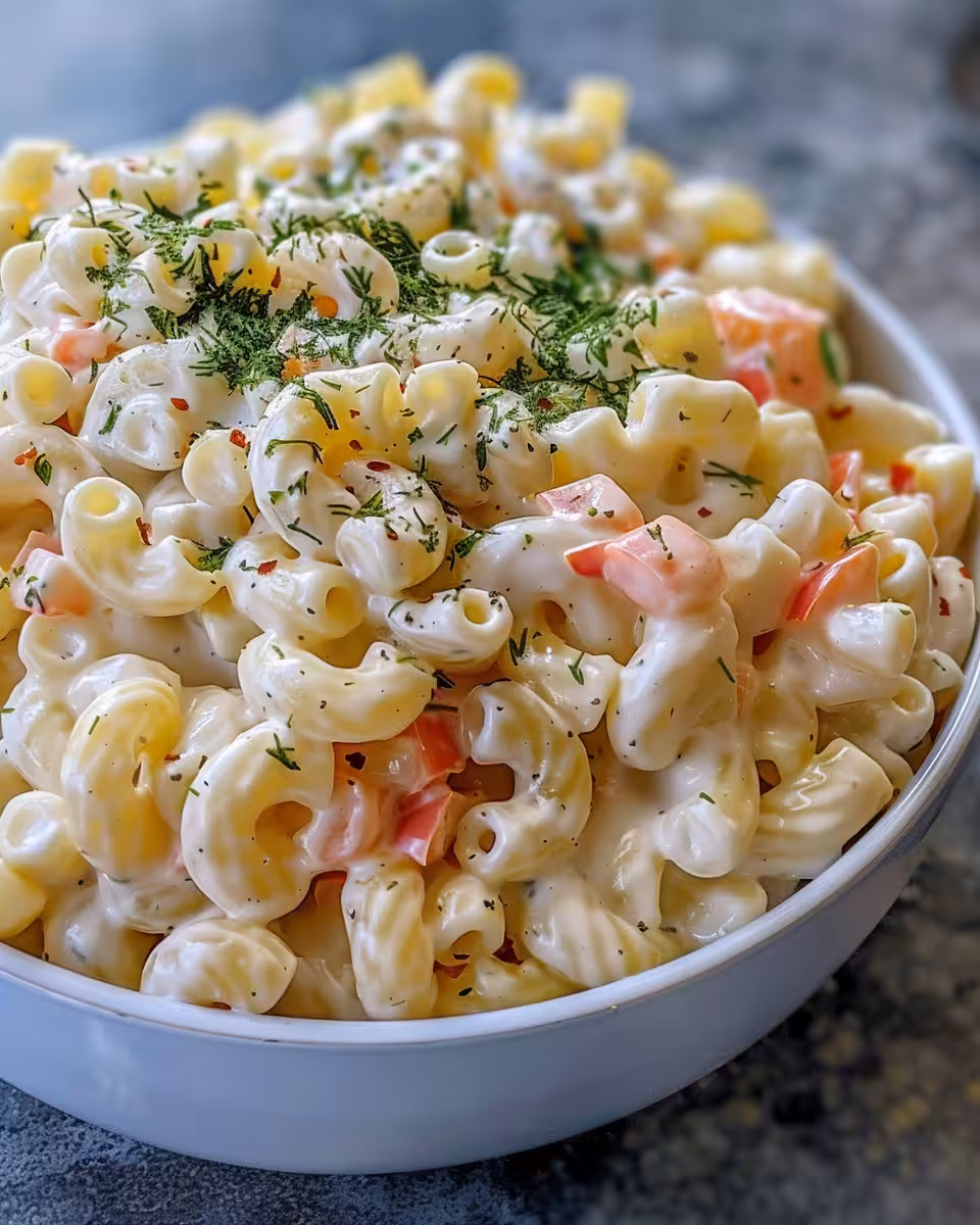 Chilled dill pickle pasta salad served in a bowl with fresh dill garnish