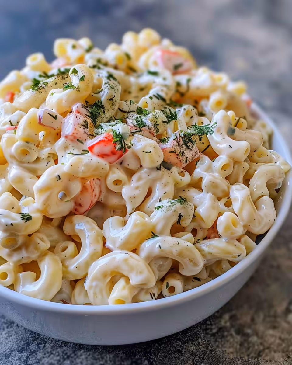 Creamy dill pickle pasta salad in a bowl with fresh dill garnish