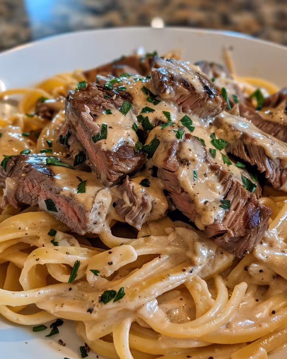 Final plated creamy garlic butter steak pasta garnished and ready to serve