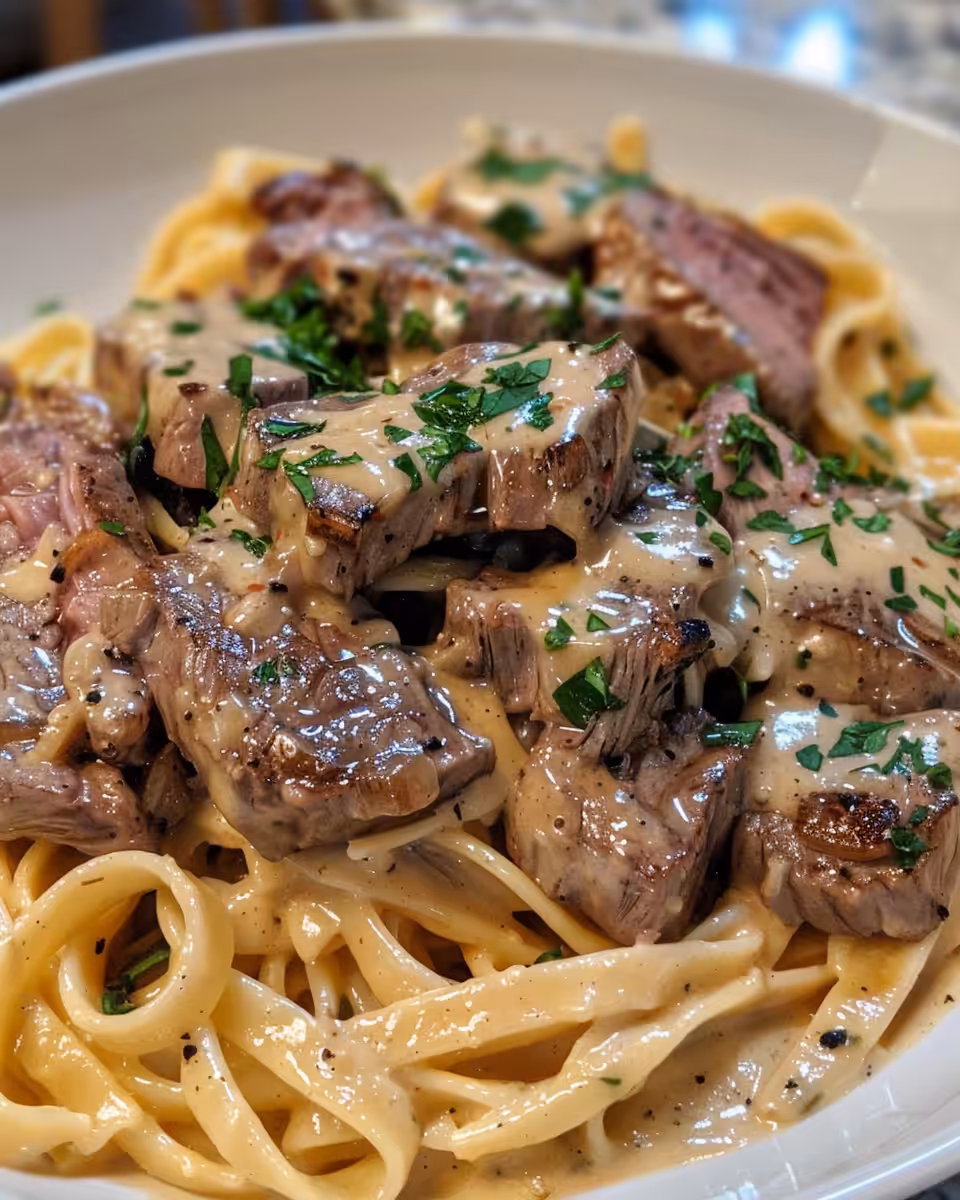 Creamy garlic butter steak pasta fresh in the pot with steam