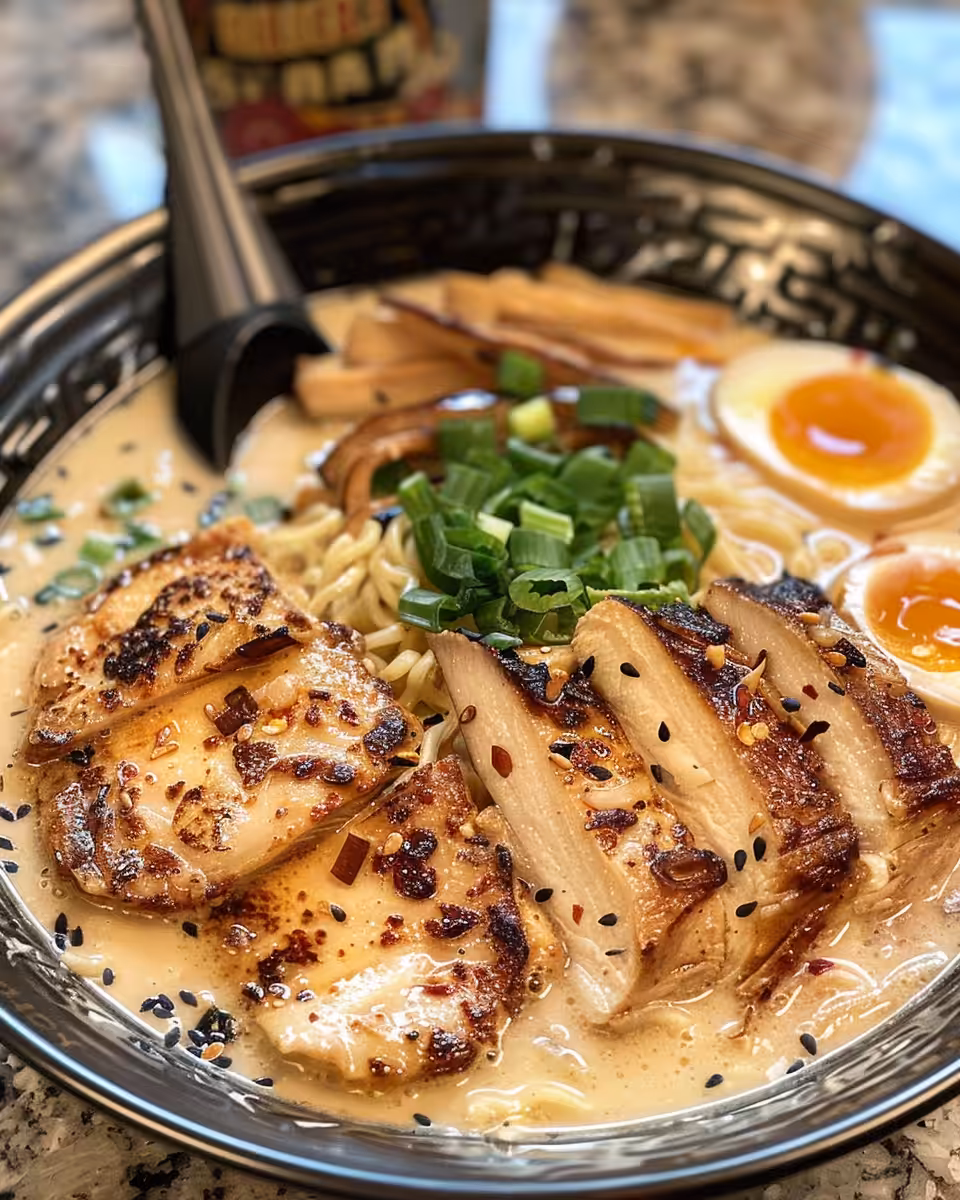 Ingredients for creamy garlic chicken ramen including chicken strips and garlic
