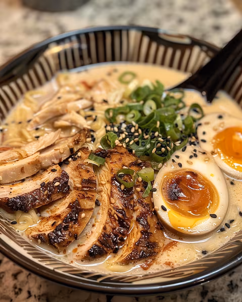 Creamy garlic chicken ramen served in bowl topped with green onions