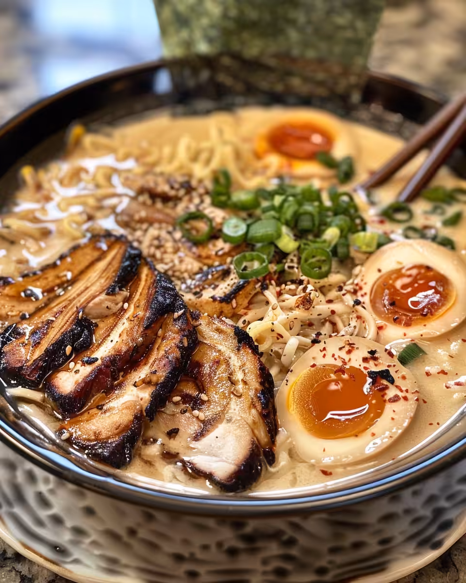 Creamy garlic chicken ramen steaming in bowl with chopsticks
