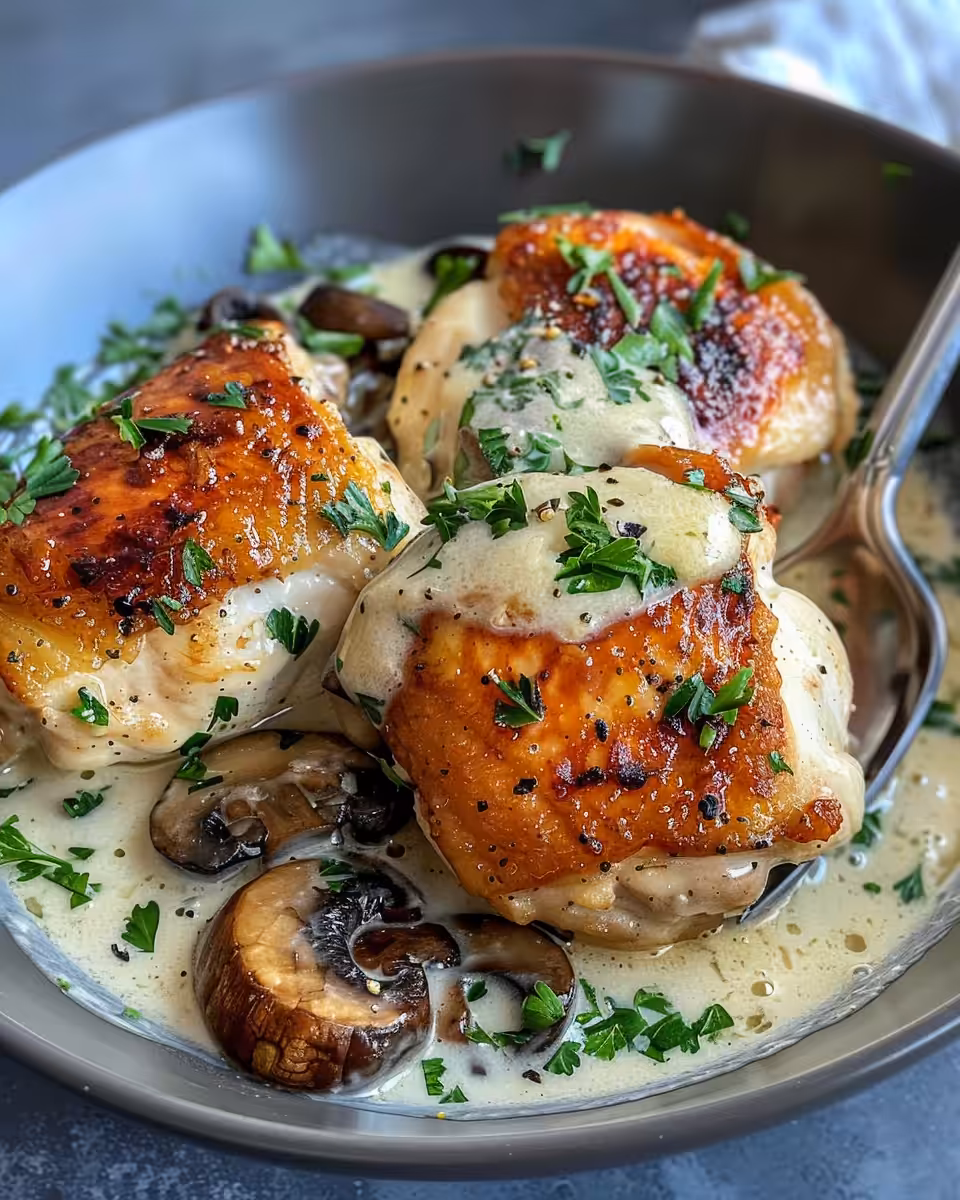 Ingredients and seasoning for creamy garlic mushroom chicken thighs