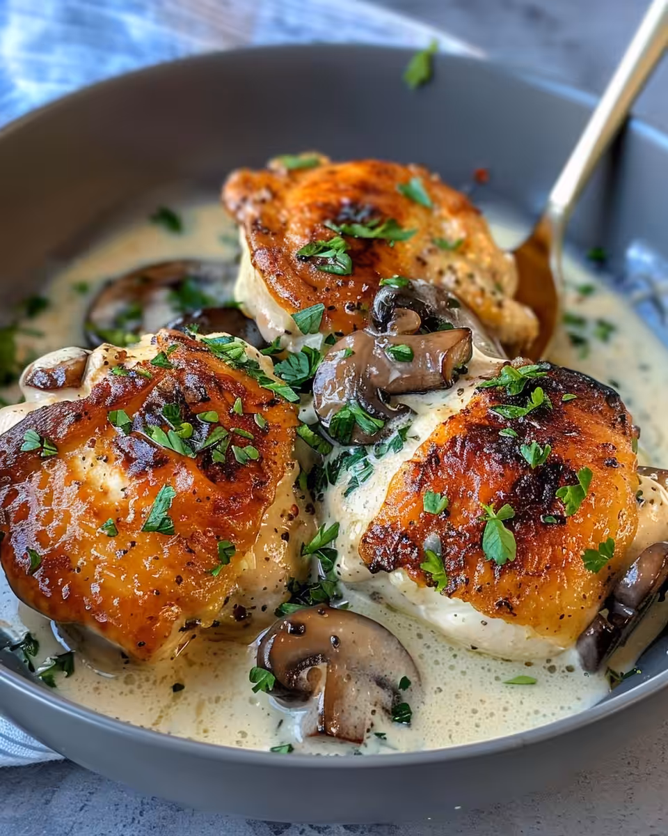 Plated creamy garlic mushroom chicken thighs with sauce and garnish