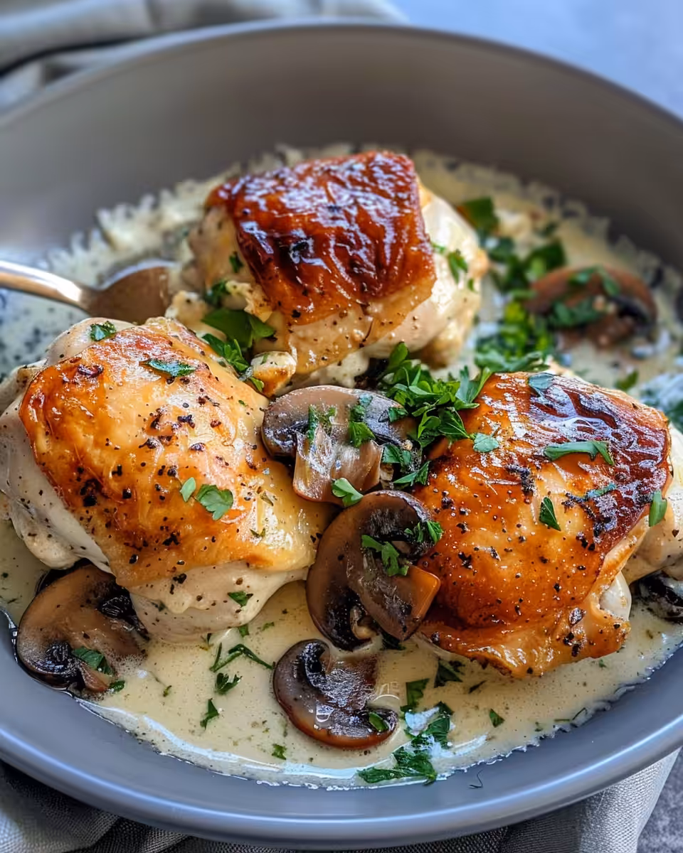 Savory creamy garlic mushroom chicken thighs cooking in pressure cooker