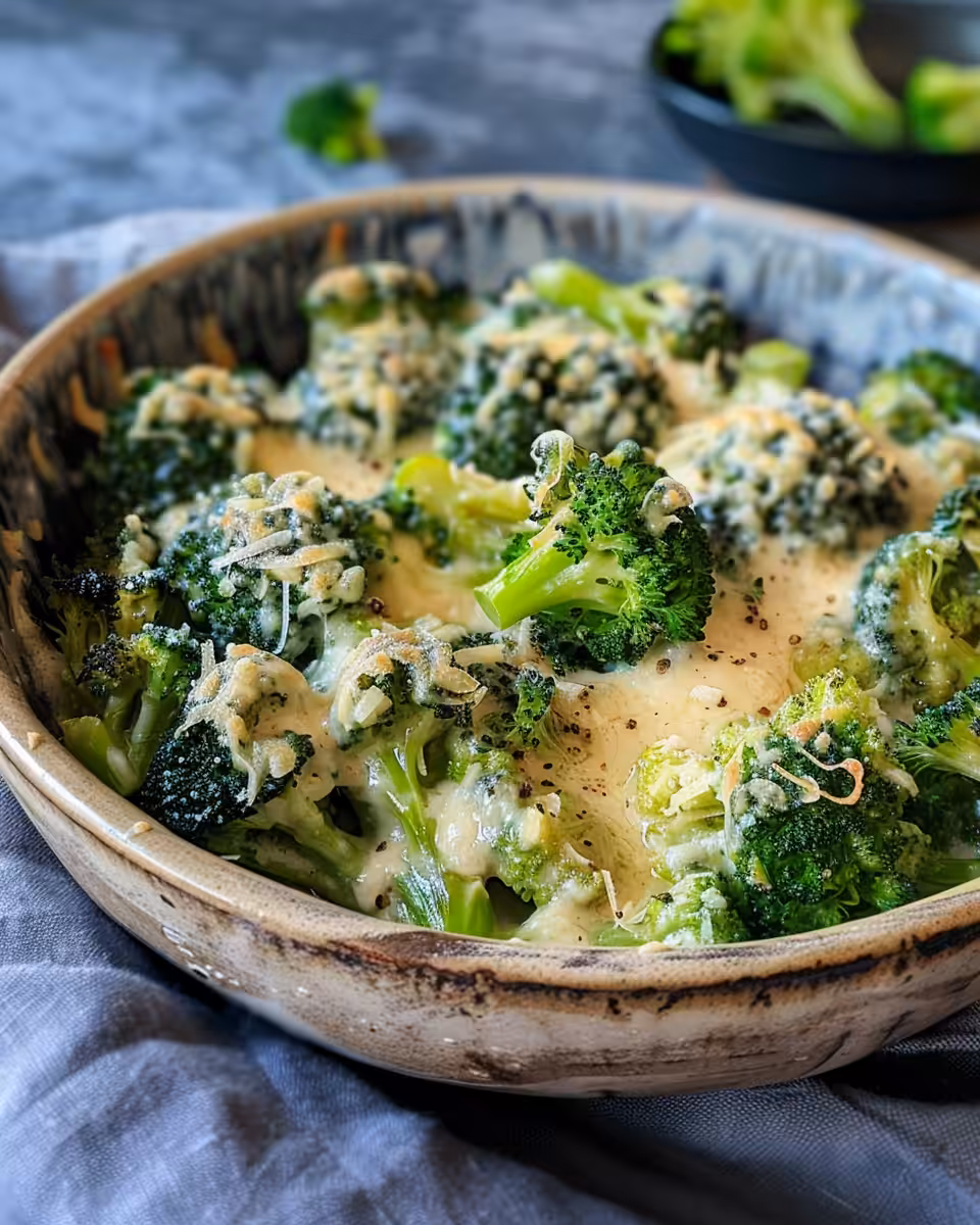 Cooking creamy garlic parmesan broccoli with cream and cheese melting in skillet
