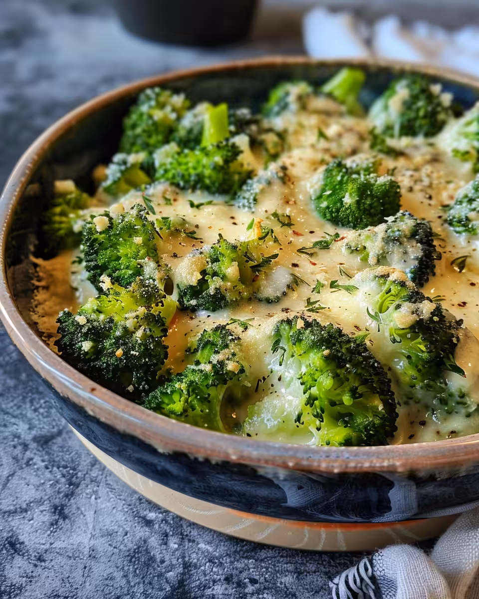 Creamy garlic parmesan broccoli fresh and steaming in pressure cooker