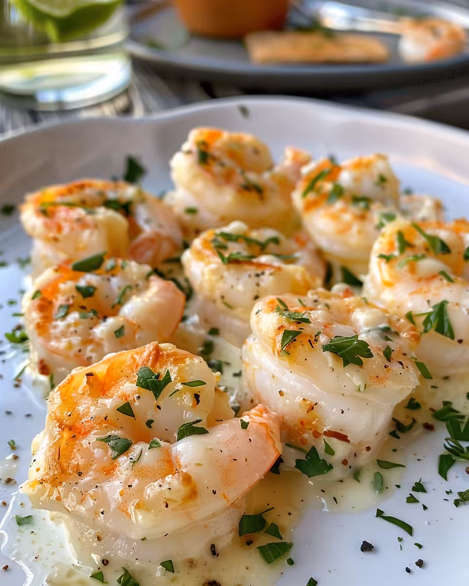Final creamy garlic parmesan shrimp roll-ups plated and garnished with parsley
