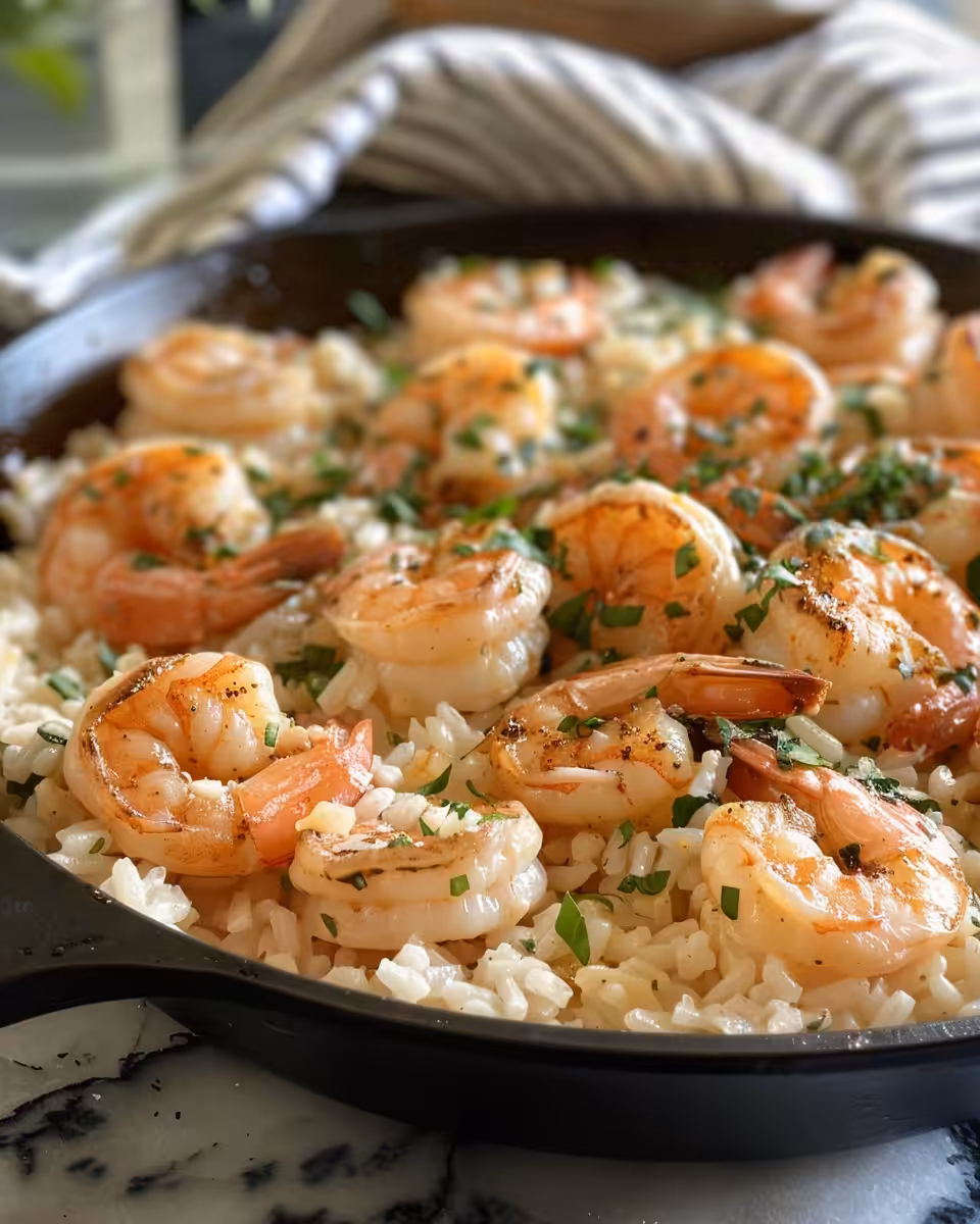 Creamy garlic shrimp cooking in a pressure cooker skillet with rice