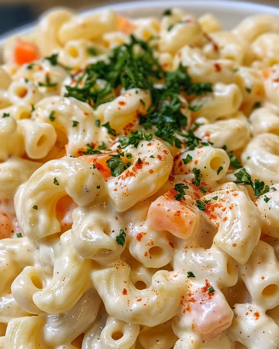 Finished creamy macaroni salad chilled and ready to serve in bowl