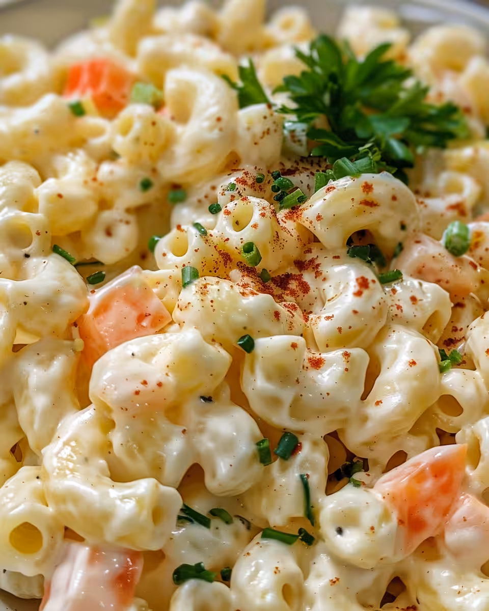Creamy macaroni salad fresh from pressure cooker, served in bowl with fresh veggies