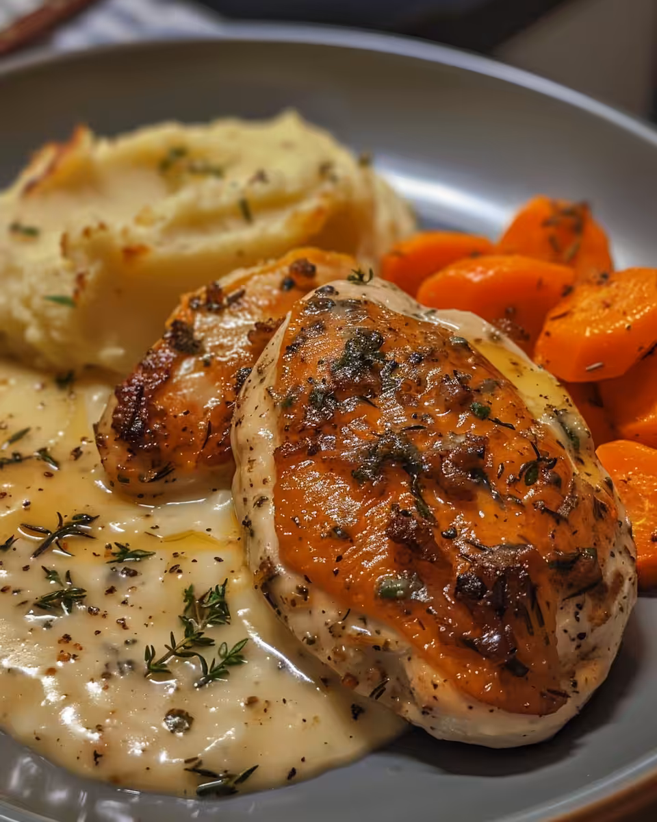 Creamy herb chicken plated with mashed potatoes and glazed carrots