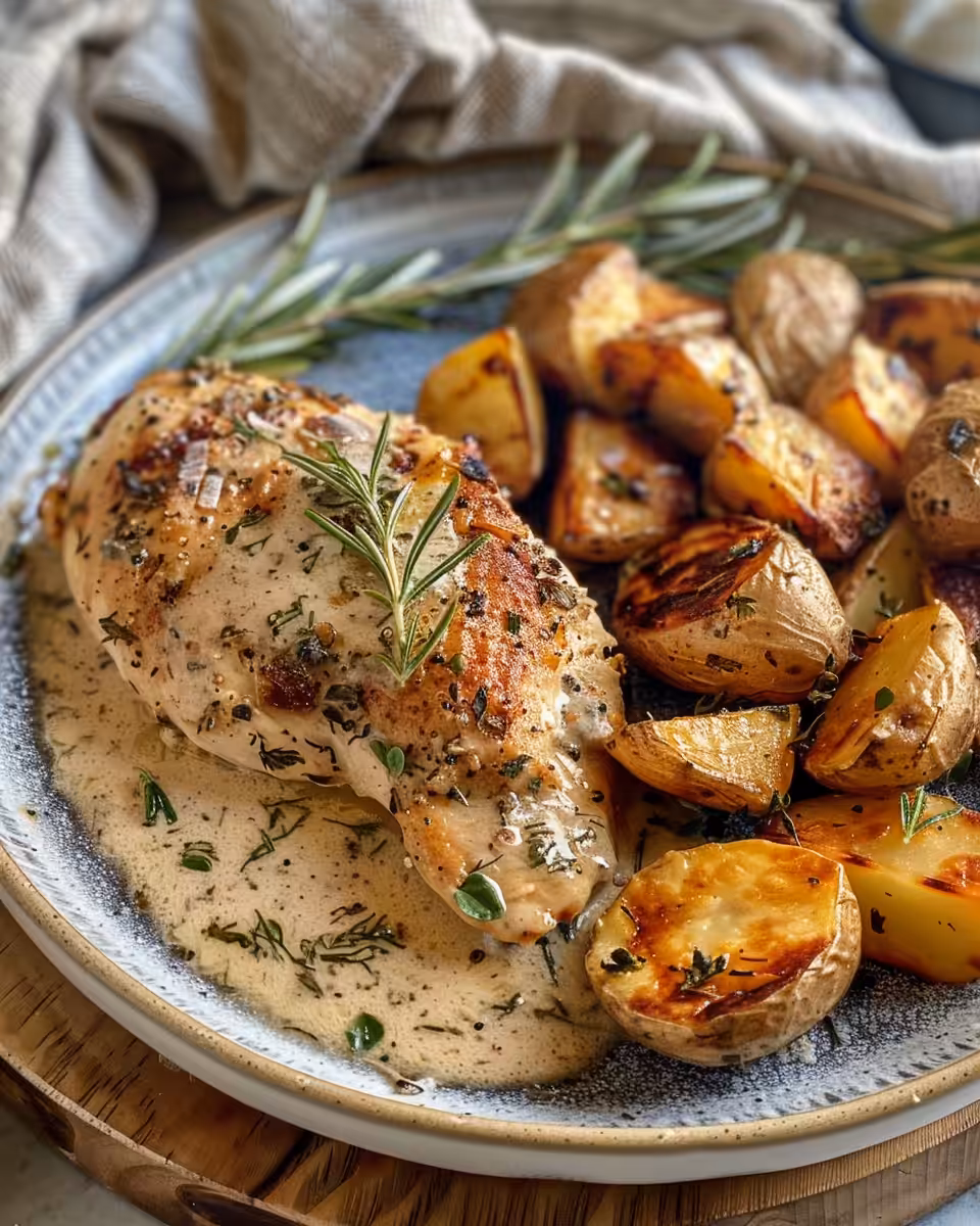 Ingredients for creamy herb chicken and roasted baby potatoes