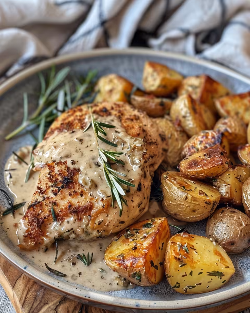 Close-up of creamy herb chicken with roasted potatoes on serving plate