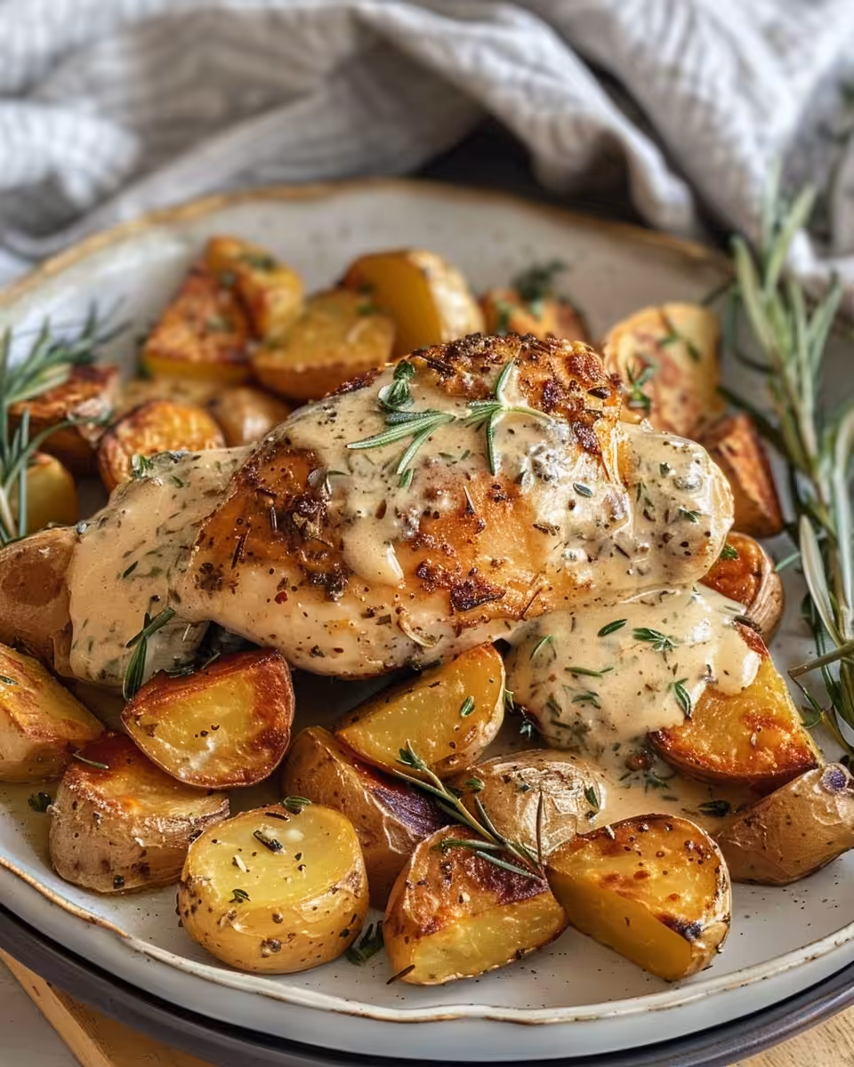 Creamy herb chicken with roasted baby potatoes in pressure cooker