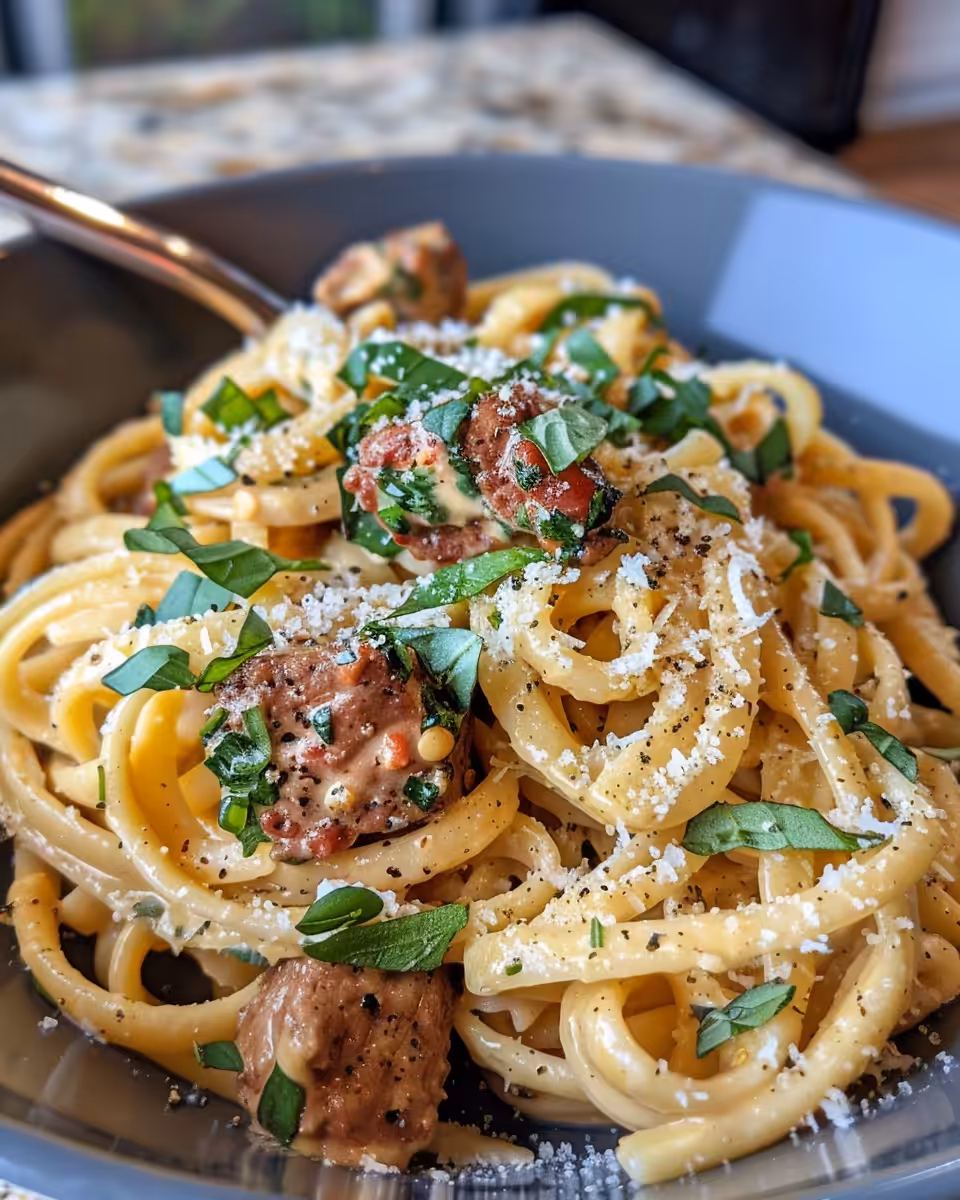 Ingredients and broth depth in pot for creamy beef pasta