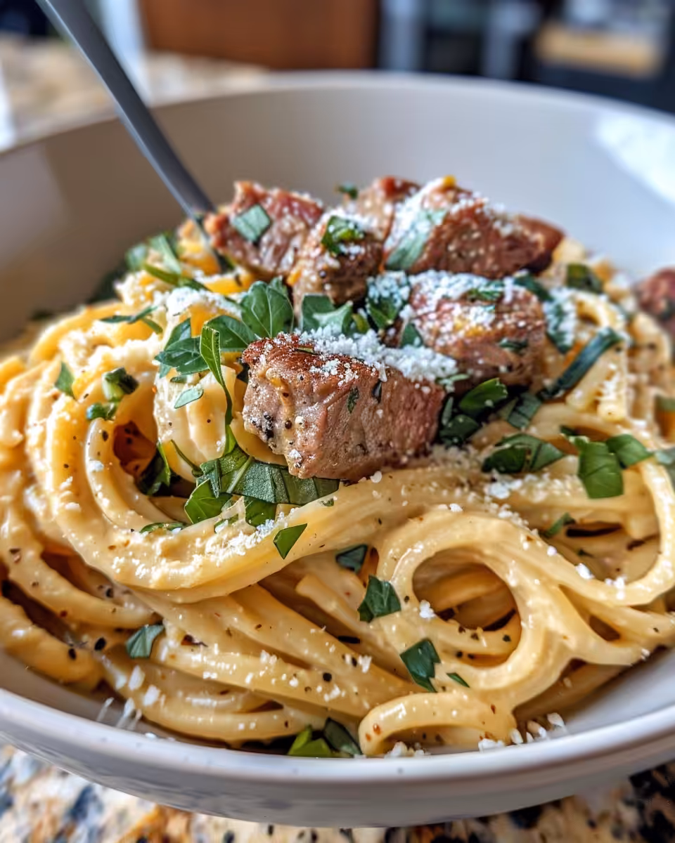 Finished creamy high-protein beef pasta served with Parmesan and parsley