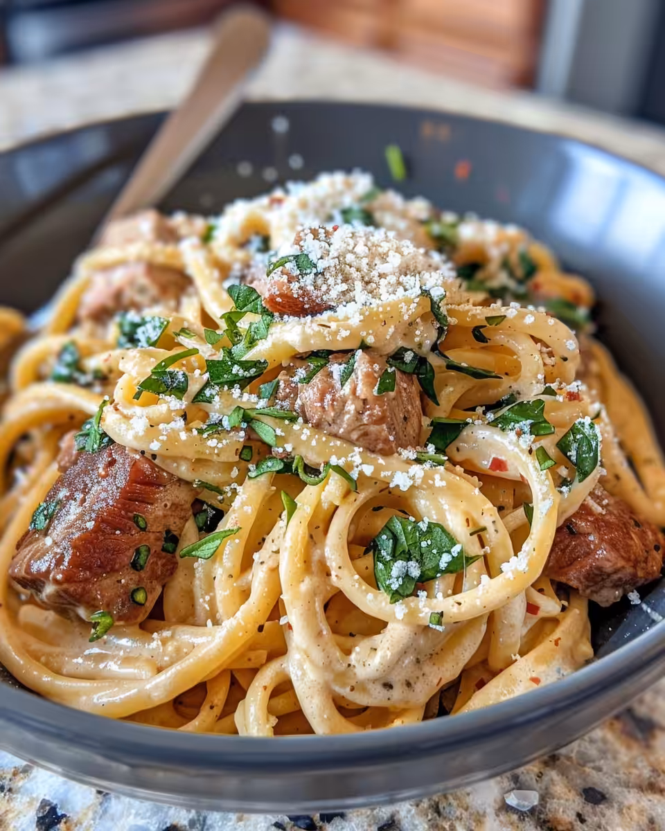 Creamy high-protein beef pasta steam rising from the pot