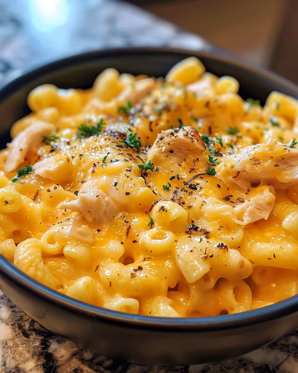 Ingredients for creamy chicken mac and cheese arranged on kitchen counter