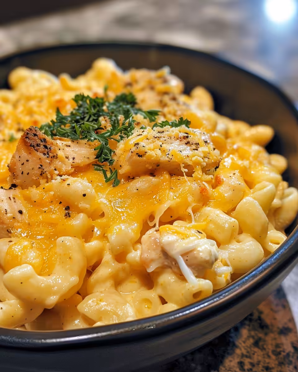 Finished creamy honey pepper chicken mac and cheese served in a rustic bowl