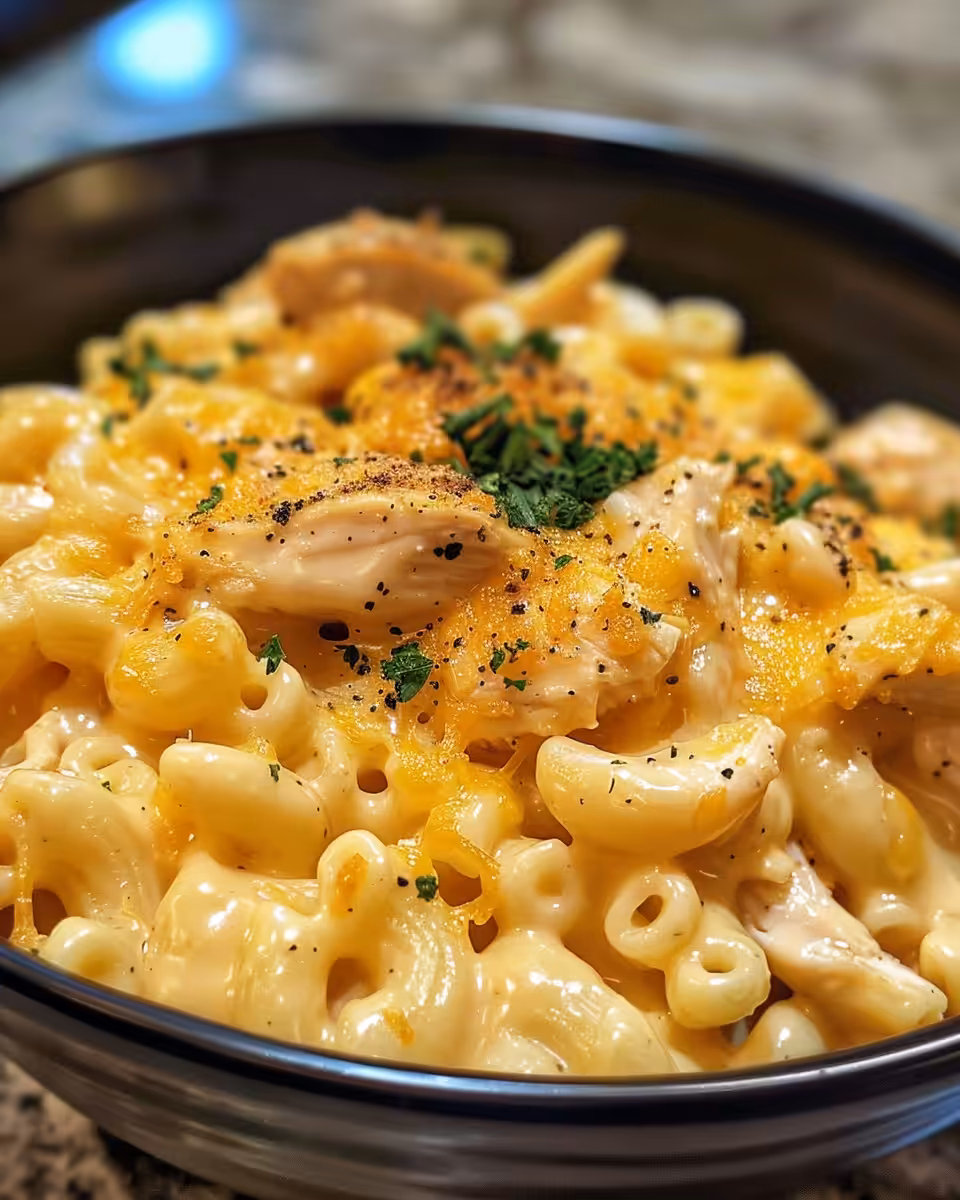 Close up of creamy honey pepper chicken mac and cheese in a bowl