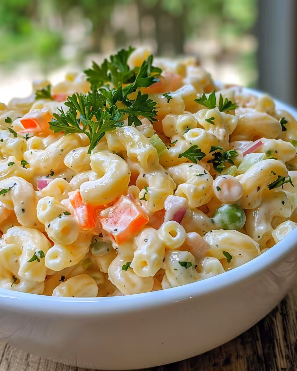 Creamy macaroni salad served chilled with fresh herbs garnish