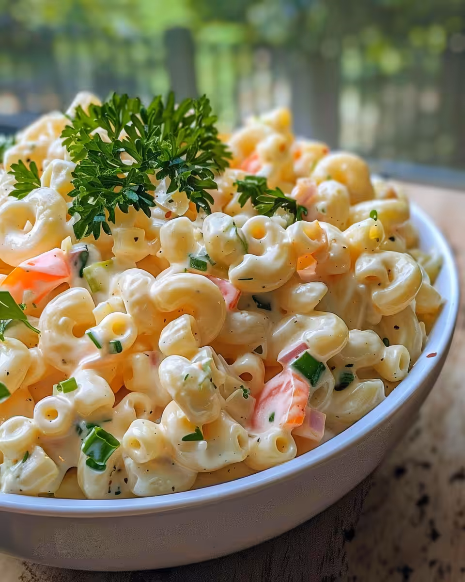 Creamy macaroni salad fresh and ready to serve