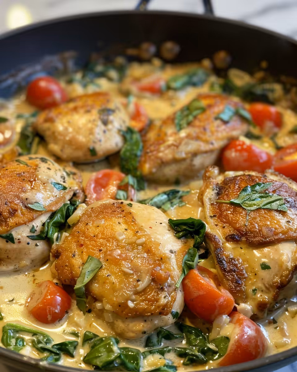 Ingredients for Mediterranean chicken skillet including cherry tomatoes, spinach, and feta cheese
