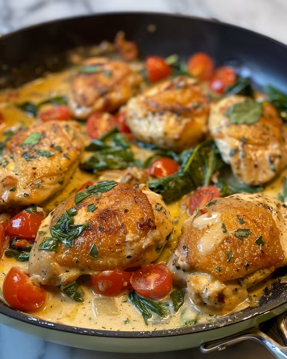 Final creamy Mediterranean chicken skillet plated and ready to eat