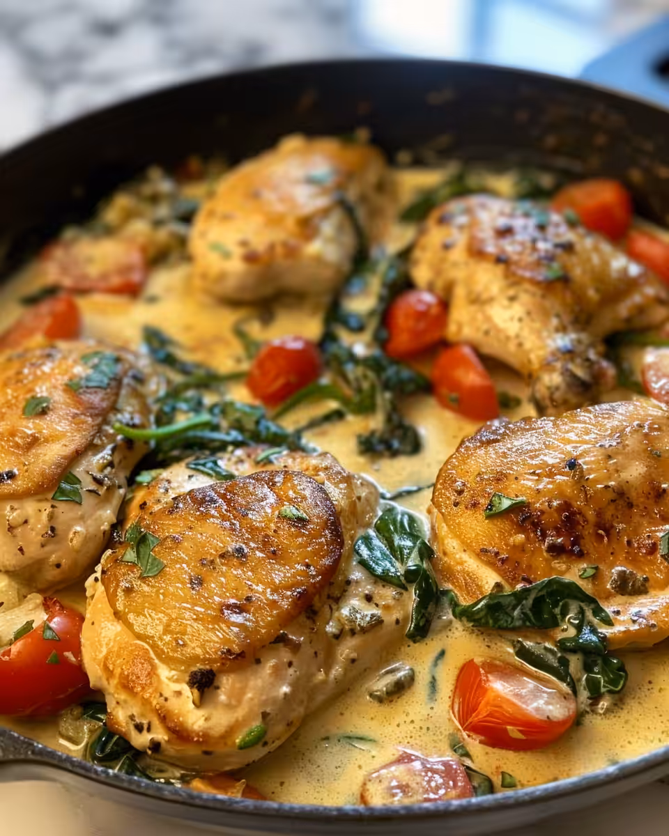 Creamy Mediterranean chicken skillet in the pan fresh from pressure cooker