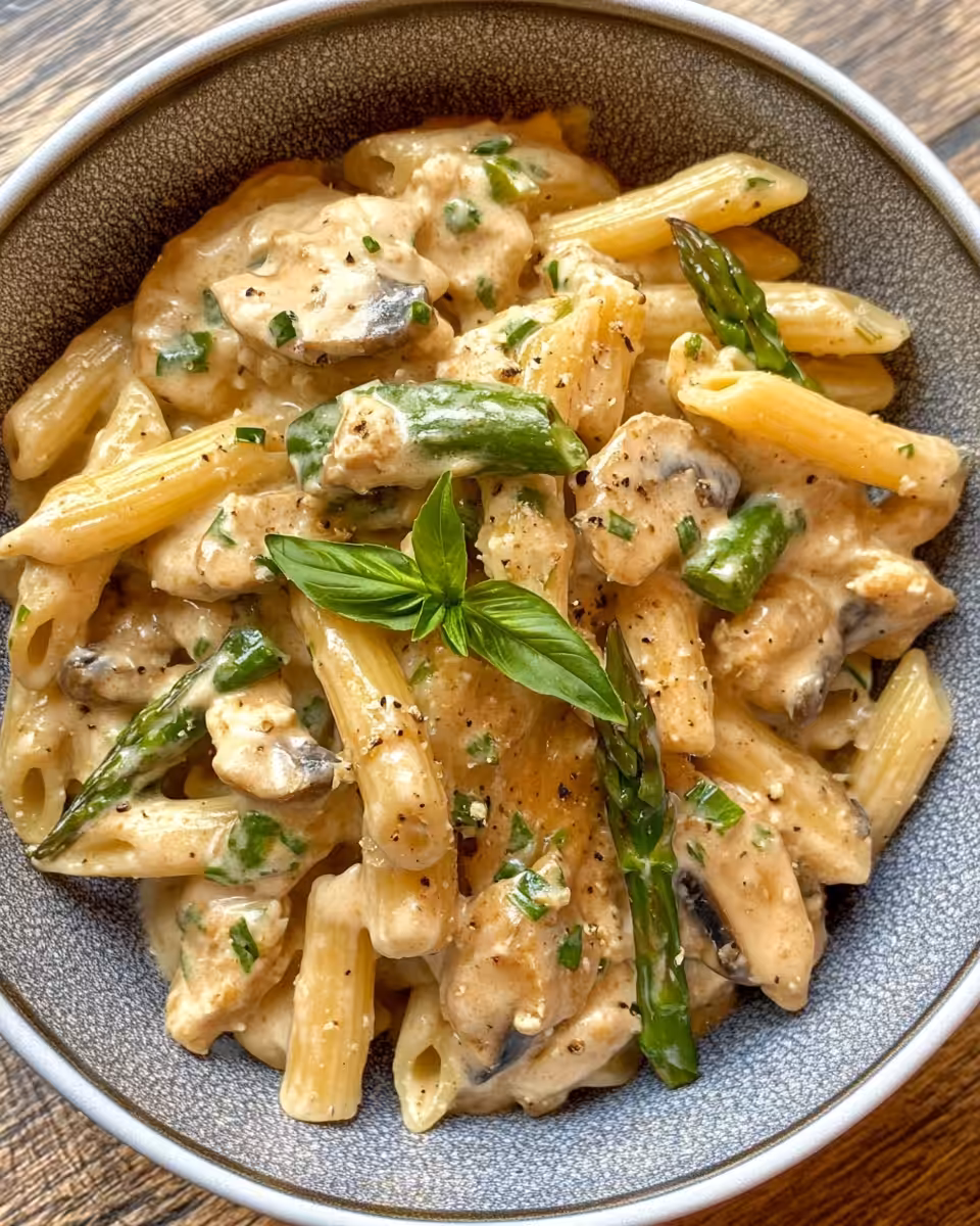 Ingredients for creamy mushroom asparagus chicken penne including penne, chicken, mushrooms, and asparagus
