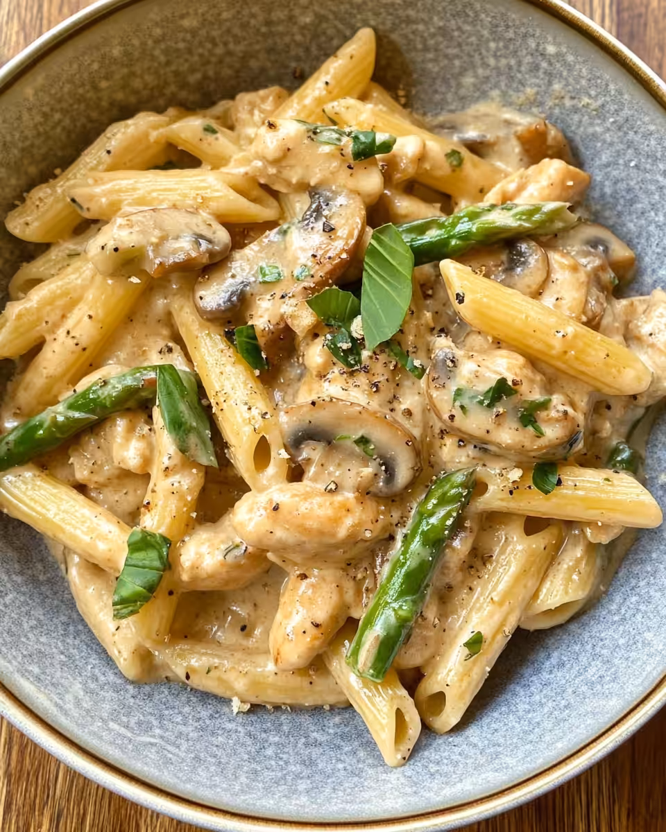 Cooking mushrooms and asparagus together in skillet for creamy chicken penne